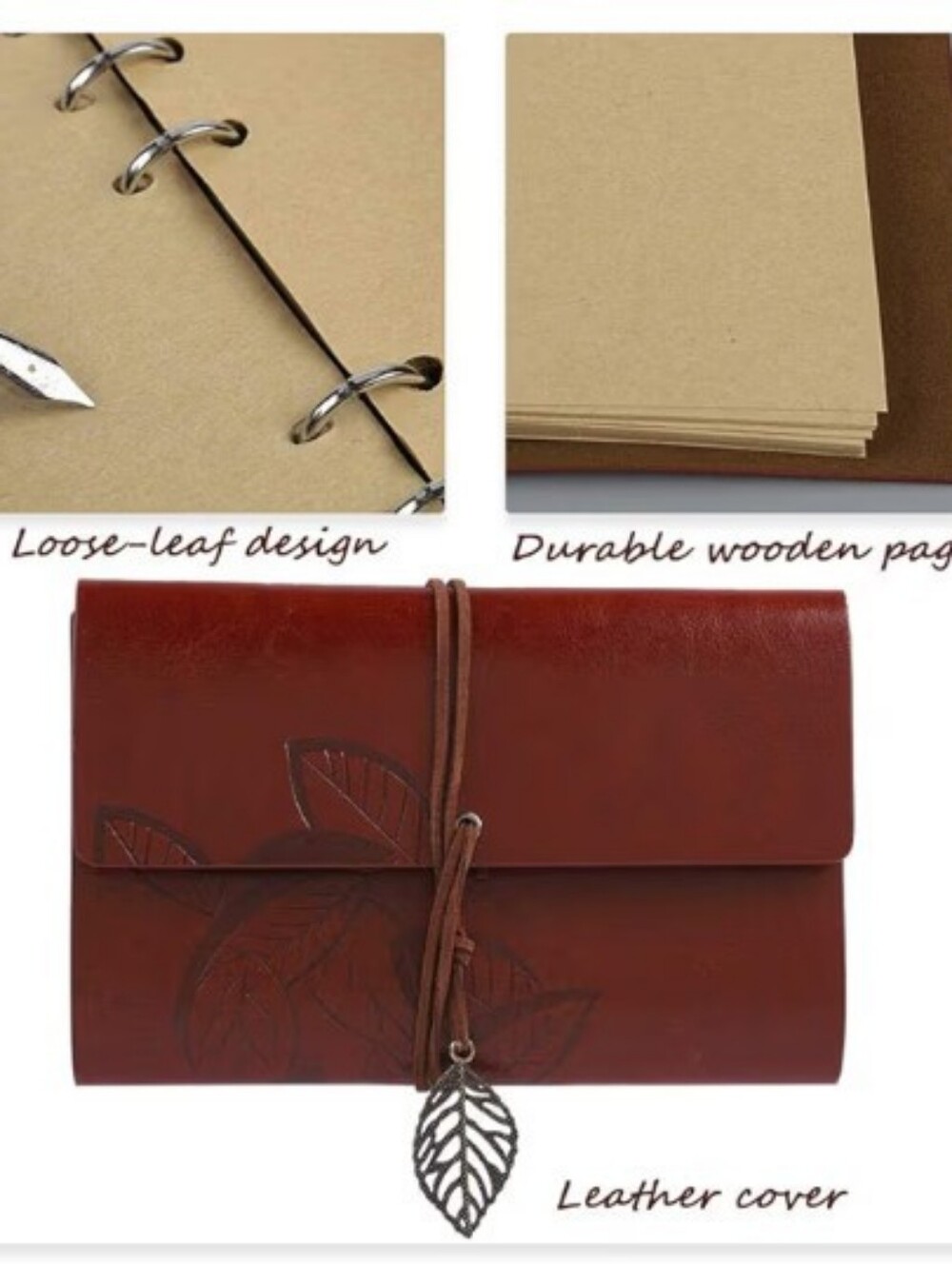 Brown Leather Travelers Notebook Embossed Leaf Design Tie Closure W/ Metal Charm